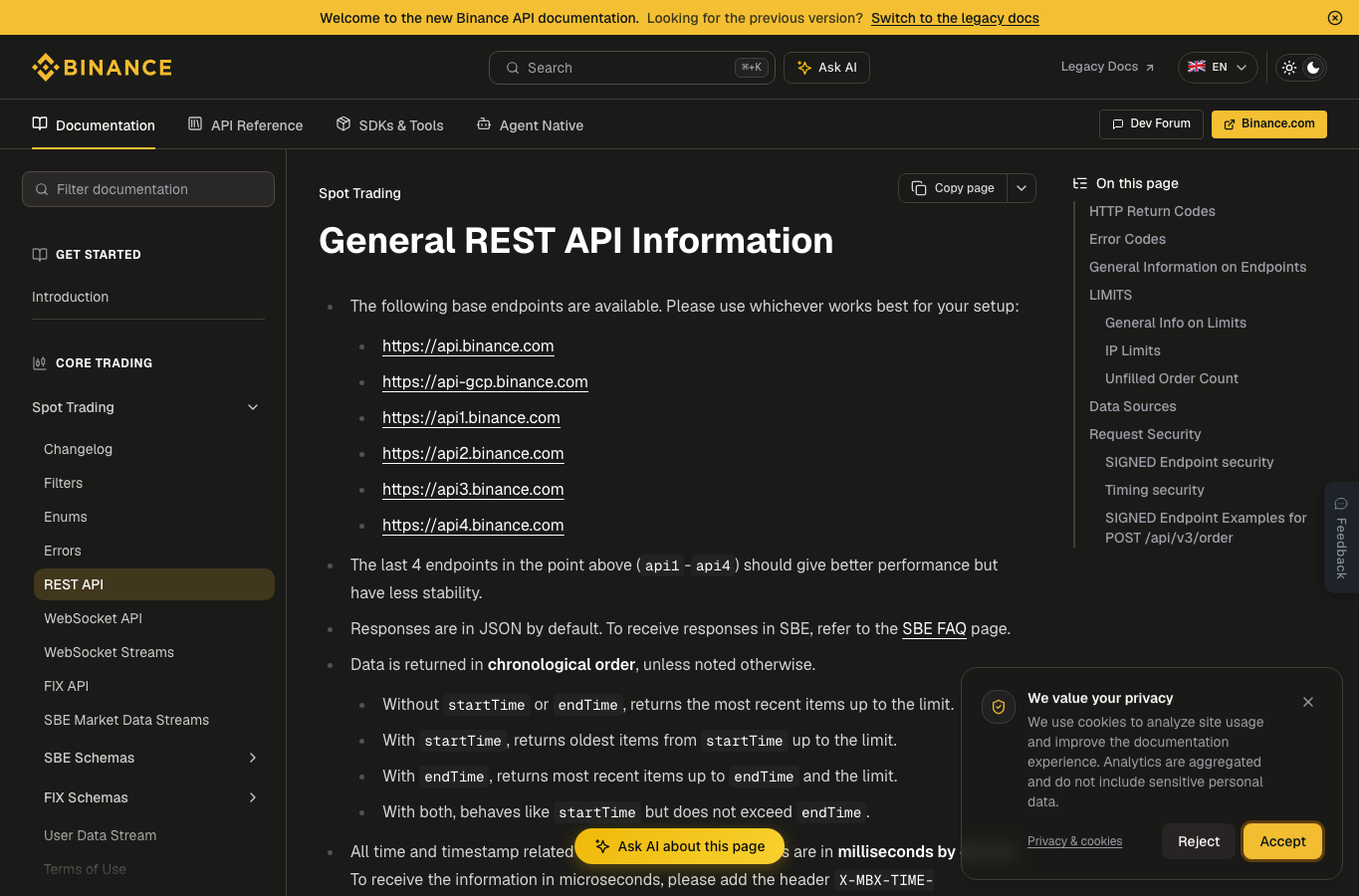 Binance Spot REST API官方文档显示base endpoint和请求安全说明