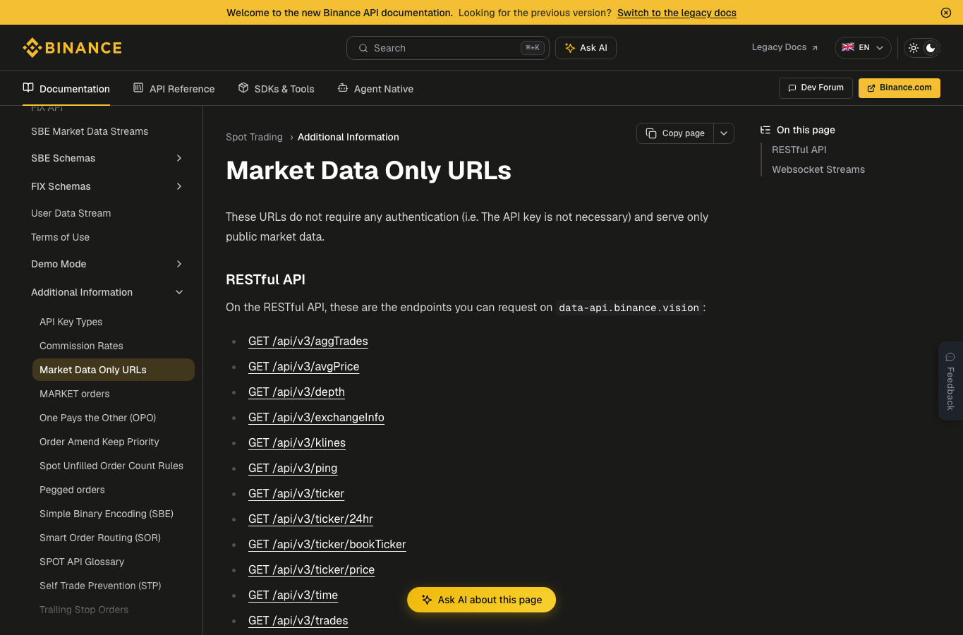 Binance Market Data Only页面列出不需要API Key的行情接口
