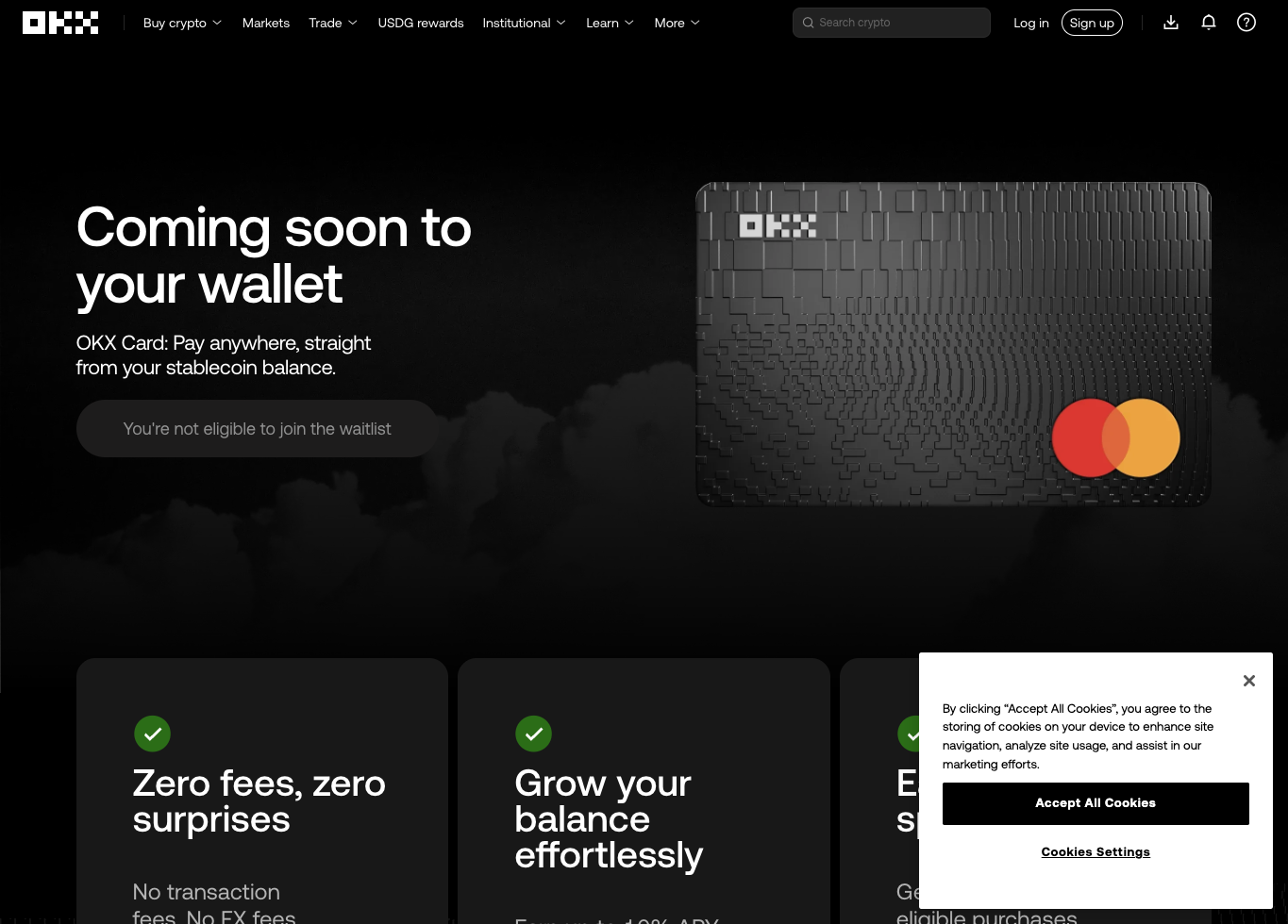OKX Card 官方 Pay 页面截图，展示支付卡入口、候补名单和稳定币余额消费提示