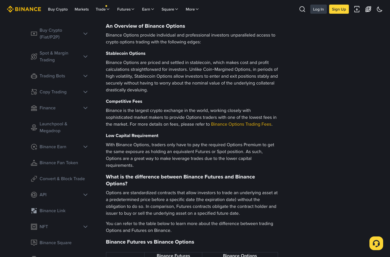 Binance 支持页对比 Futures 和 Options 的合约义务、结算资产和风险