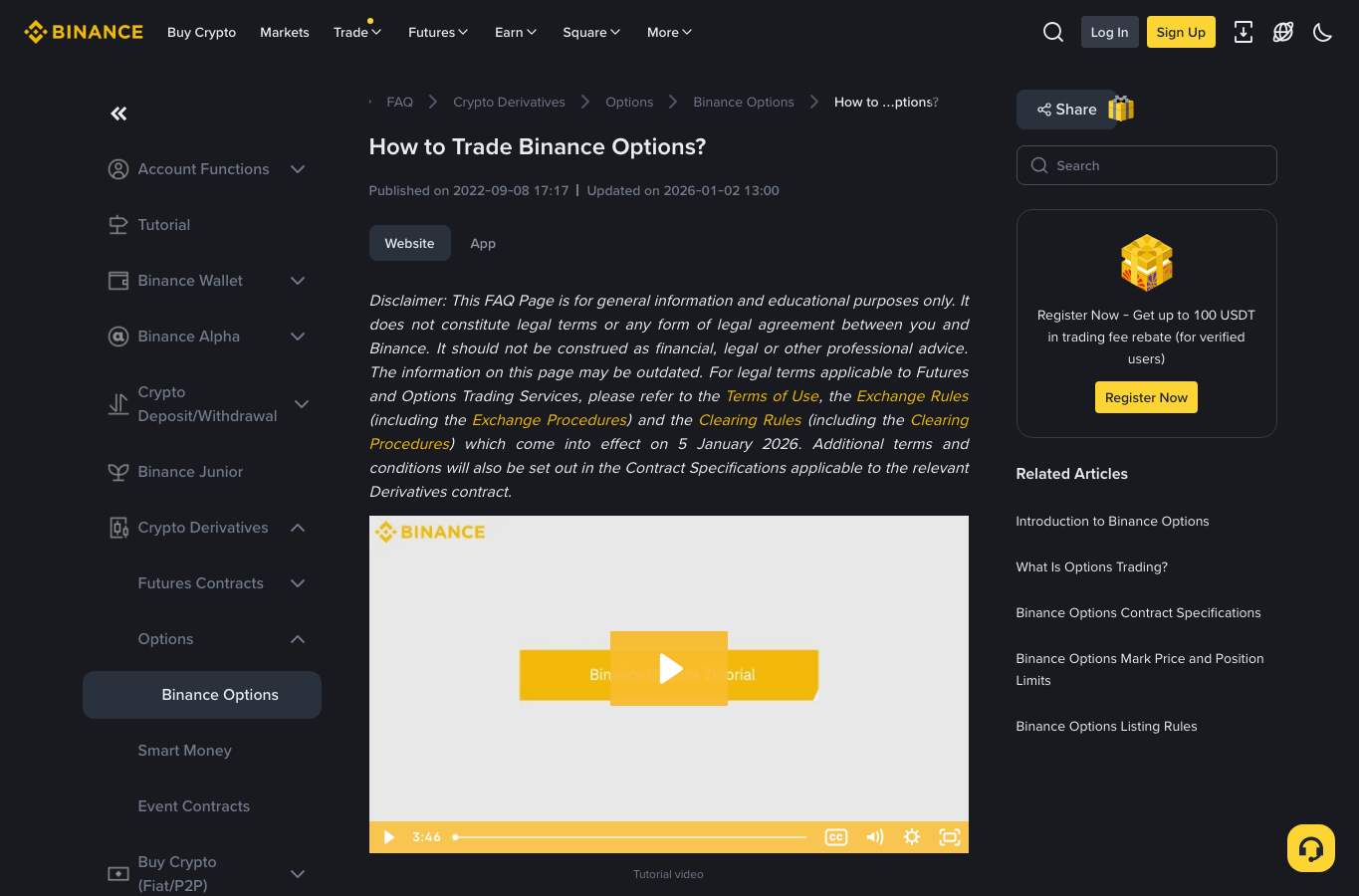 Binance 支持页展示从 Futures 进入 Options 并开通账户的步骤