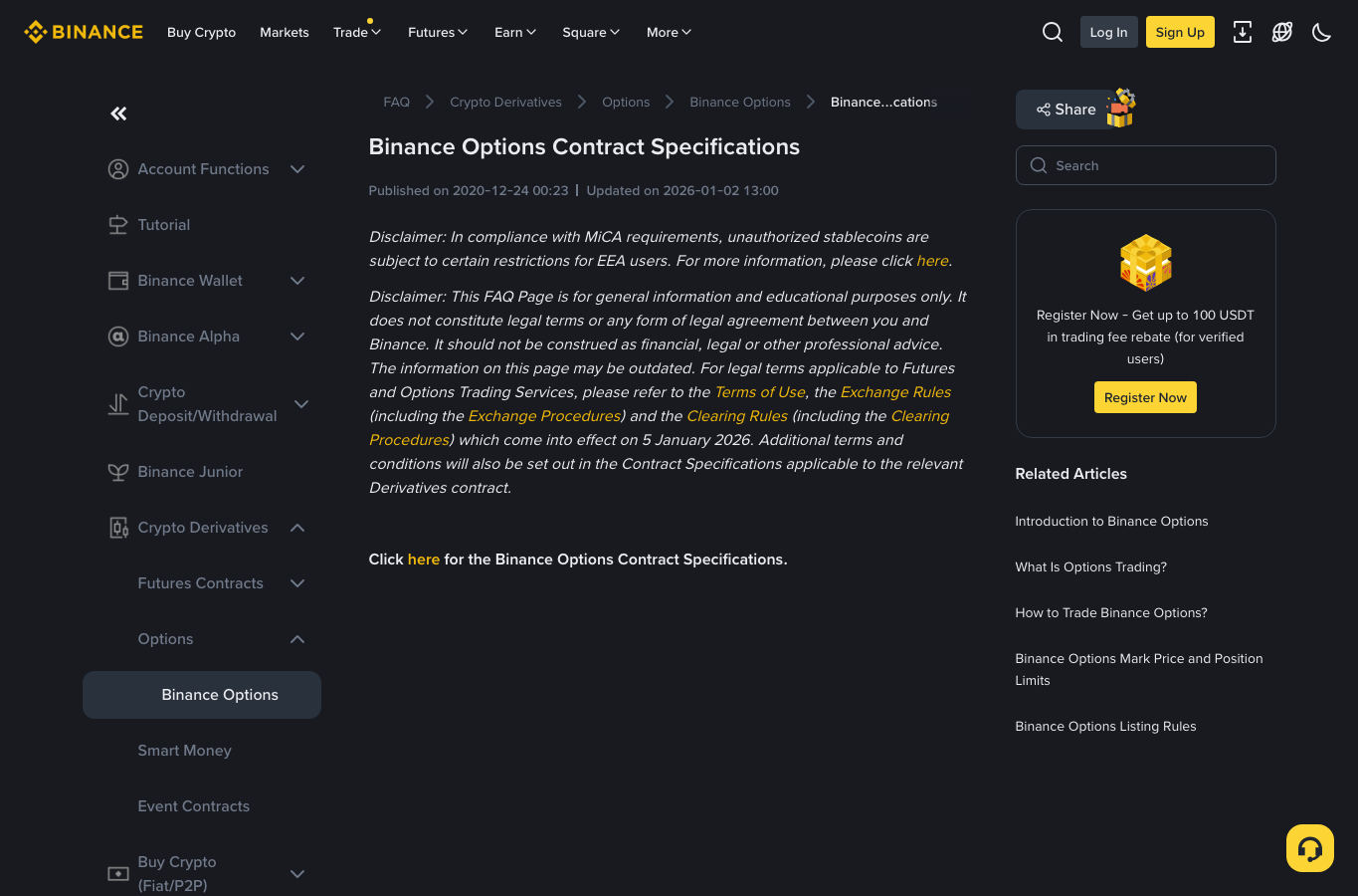 Binance Options Contract Specifications 页面展示合约规格入口