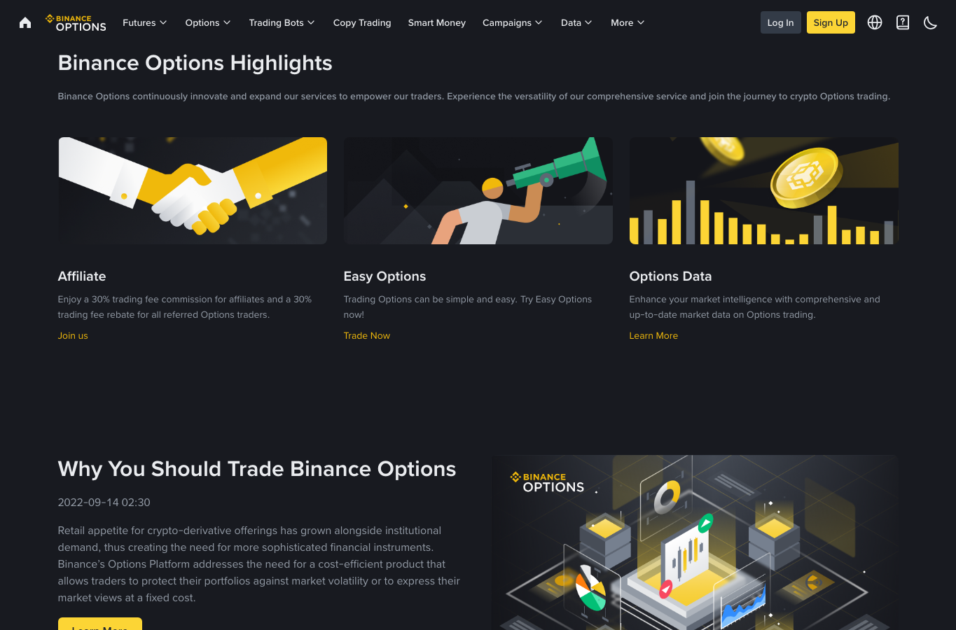 Binance Options 页面展示 Options Highlights 和市场数据
