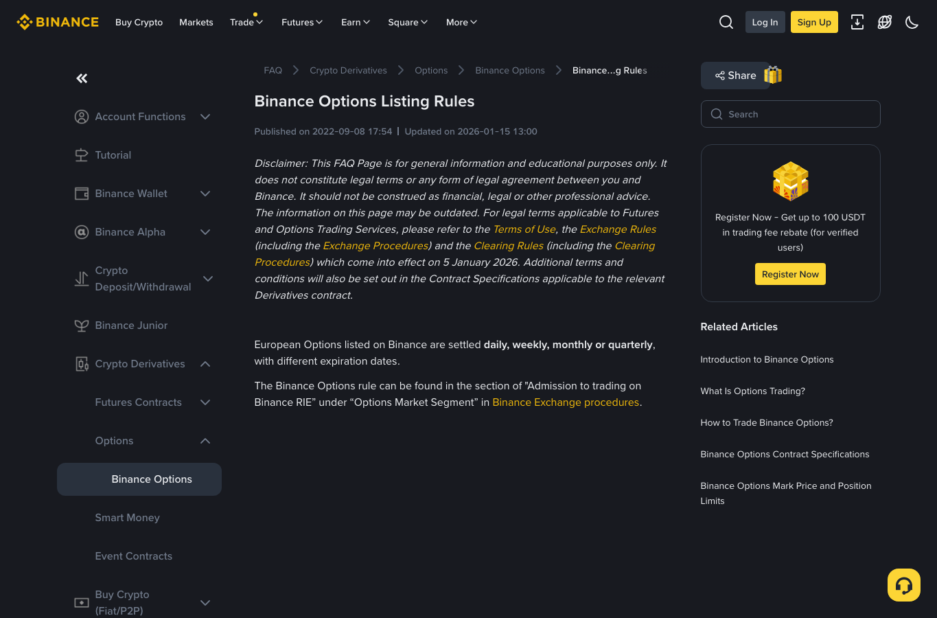 Binance Options Listing Rules 页面展示期权上市和到期条目
