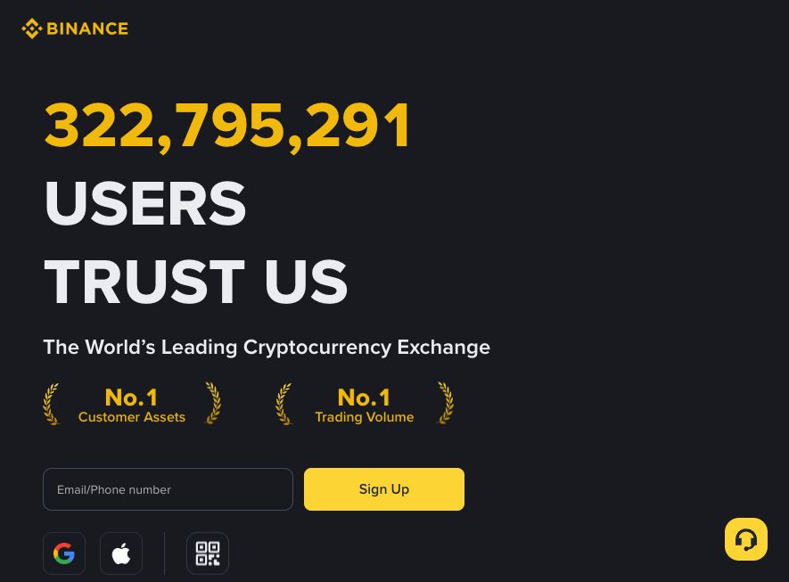 Binance 首页可见注册入口和导航栏