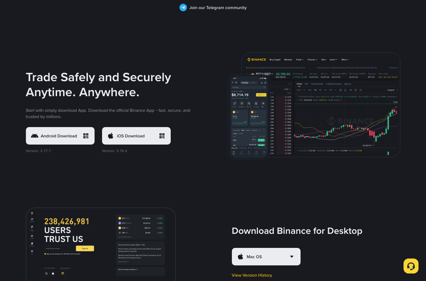 Binance 下载页显示 Android Download 和版本号