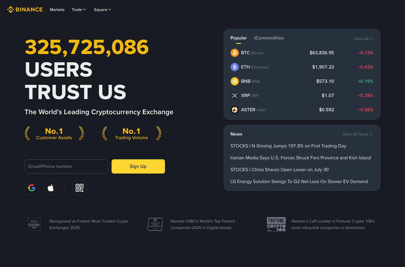 Binance 首页显示主导航和注册入口