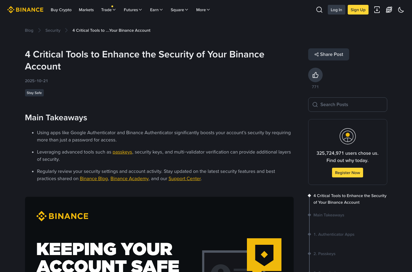 Binance 安全文章展示认证器 Passkeys 和安全密钥