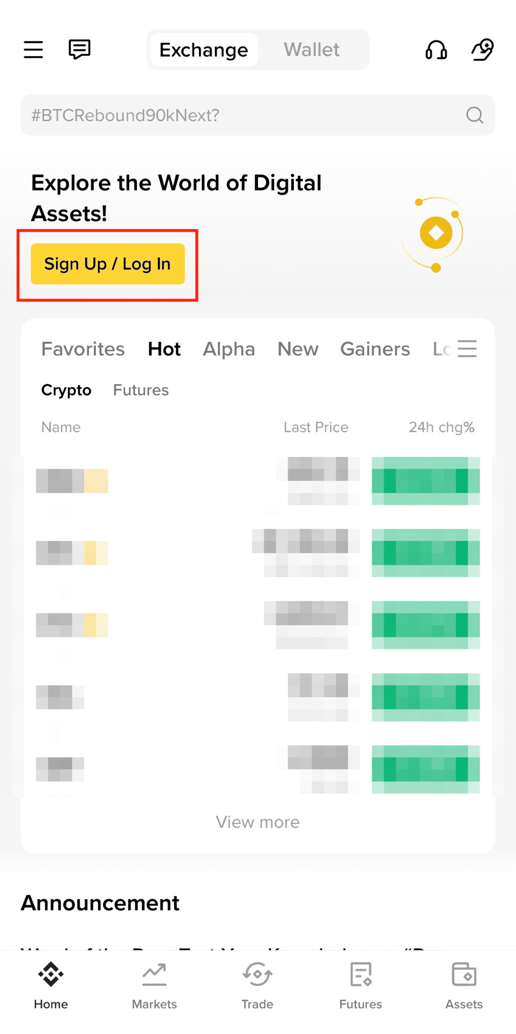Binance App 首页 Sign Up Log In 登录入口截图