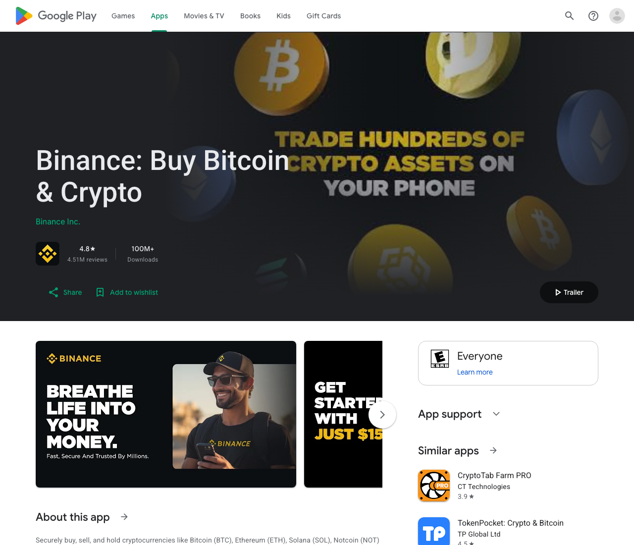 Google Play 中 Binance App 页面显示 Binance Inc 和 100M 下载量