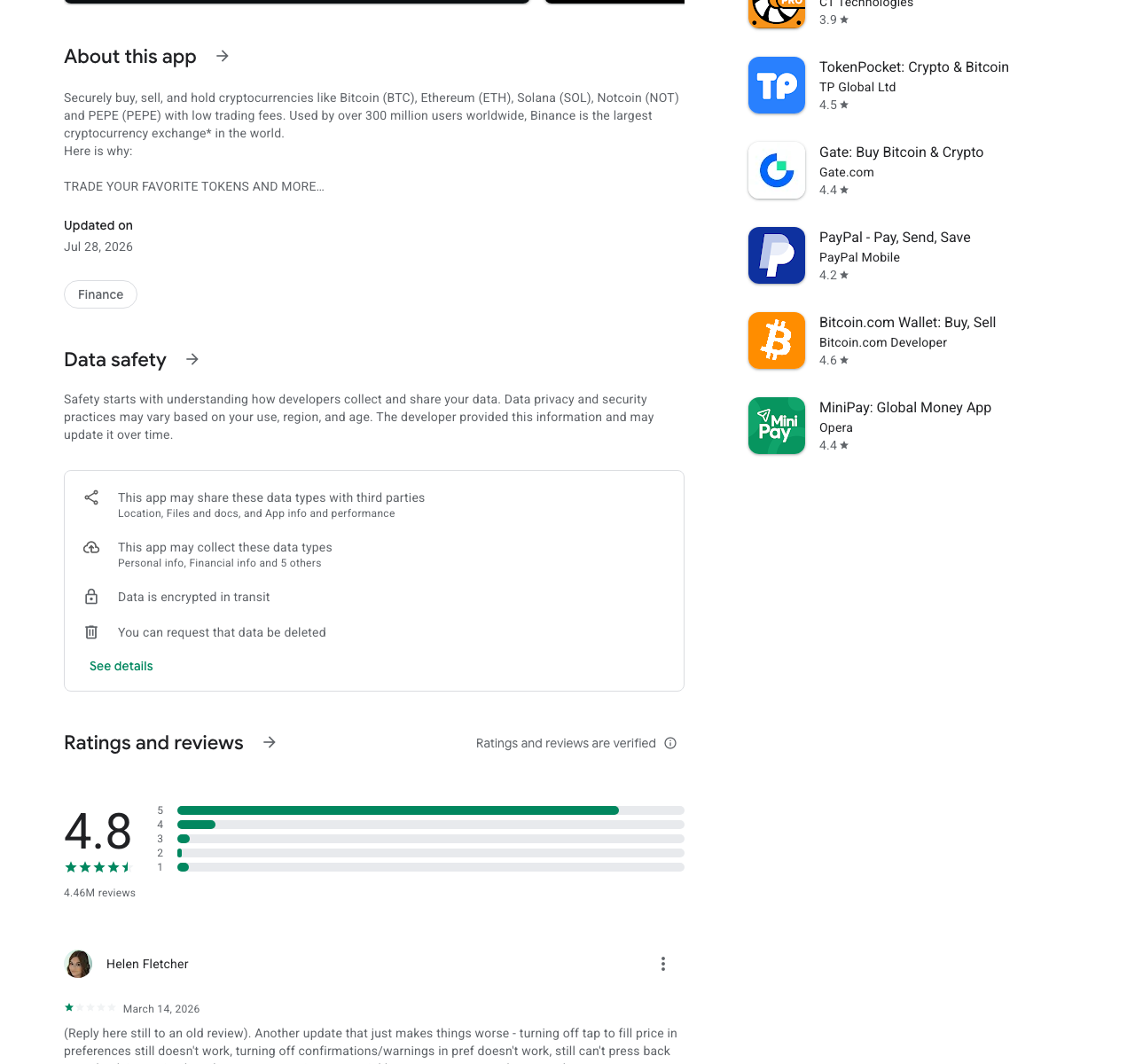 Google Play 详情区显示 Binance 更新时间和数据安全信息