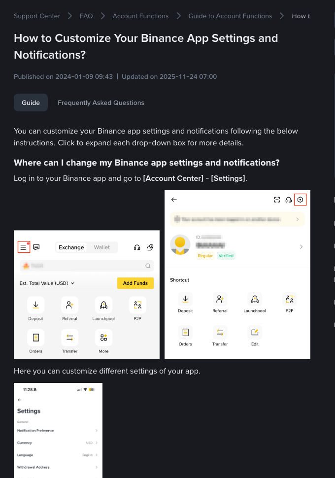 Binance 支持中心显示 Account Center 到 Settings 的 App 设置入口