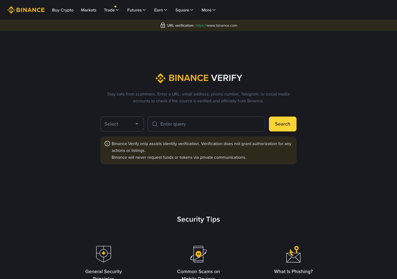 Binance Verify 页面显示查询框和私人通信不索要资金的提示