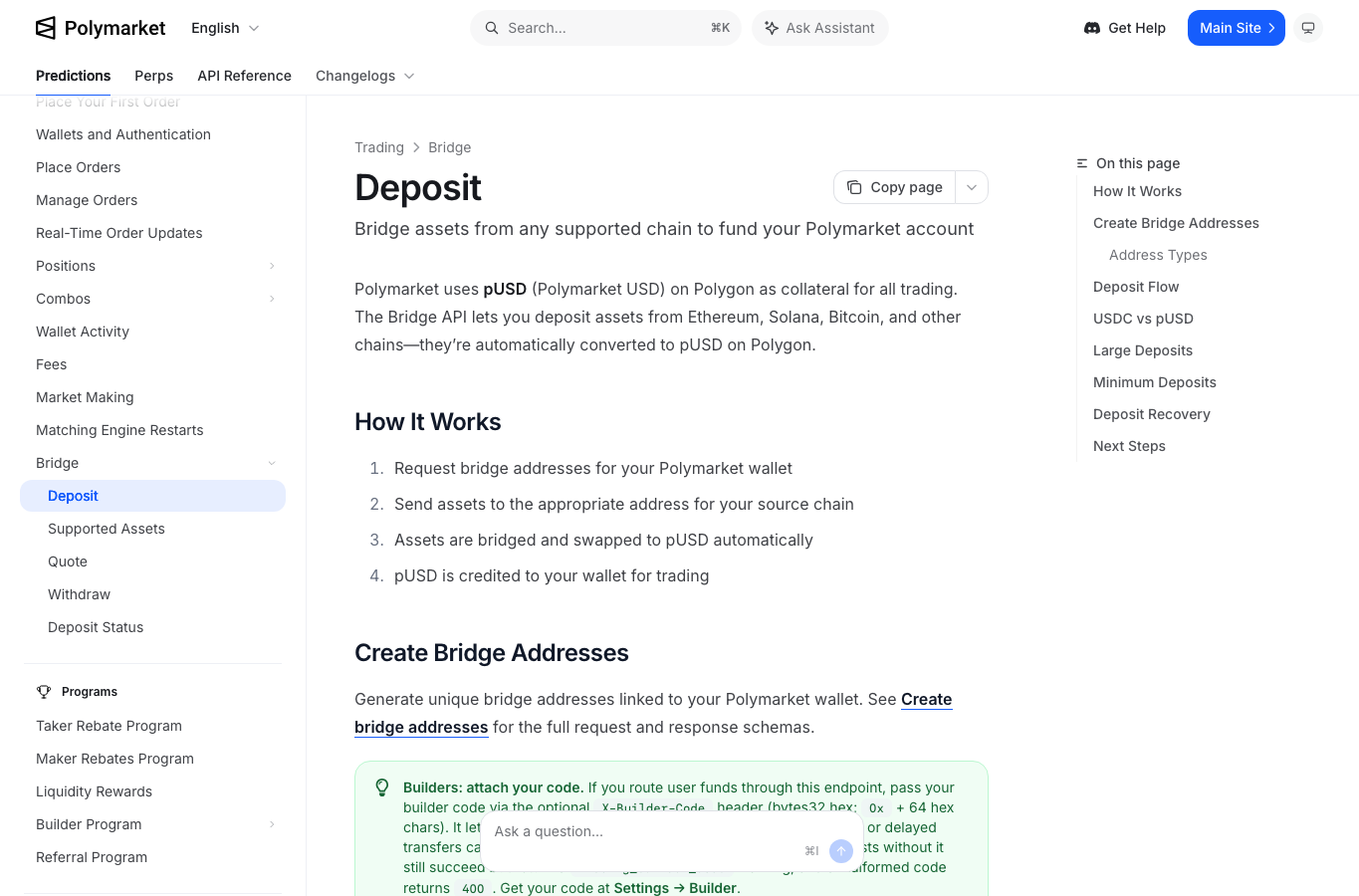 Polymarket Deposit 文档显示 Bridge API 和 pUSD 说明