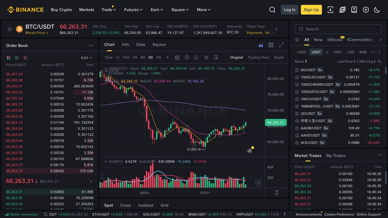 币安现货交易页面,用于区分图表和订单簿