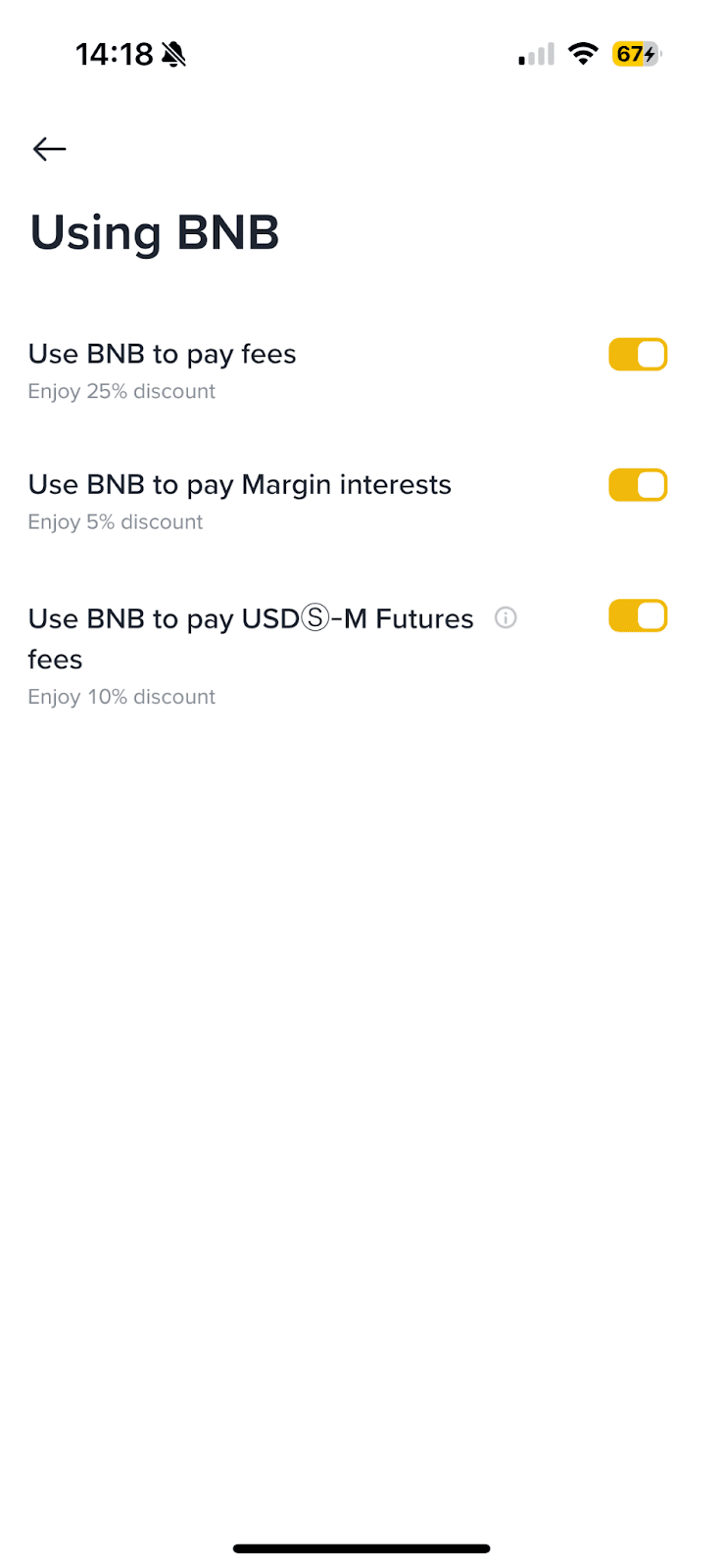 币安 App 设置里的 Using BNB 手续费抵扣入口