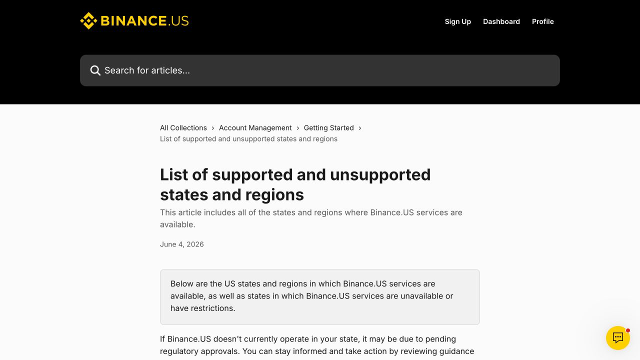 Binance.US 支持与不支持地区帮助页面
