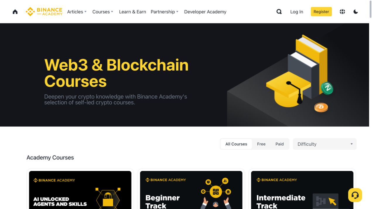Binance Academy 课程页面显示学习内容入口