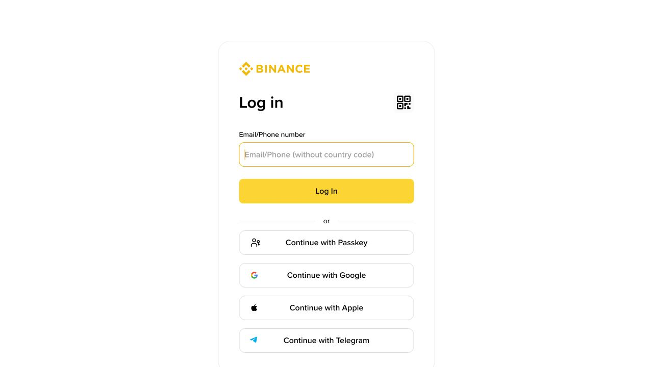Binance 登录页显示邮箱手机号和 Passkey 登录方式