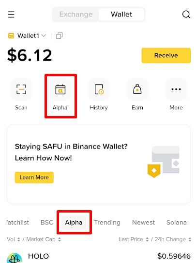 币安官方 App 的 Alpha 入口画面