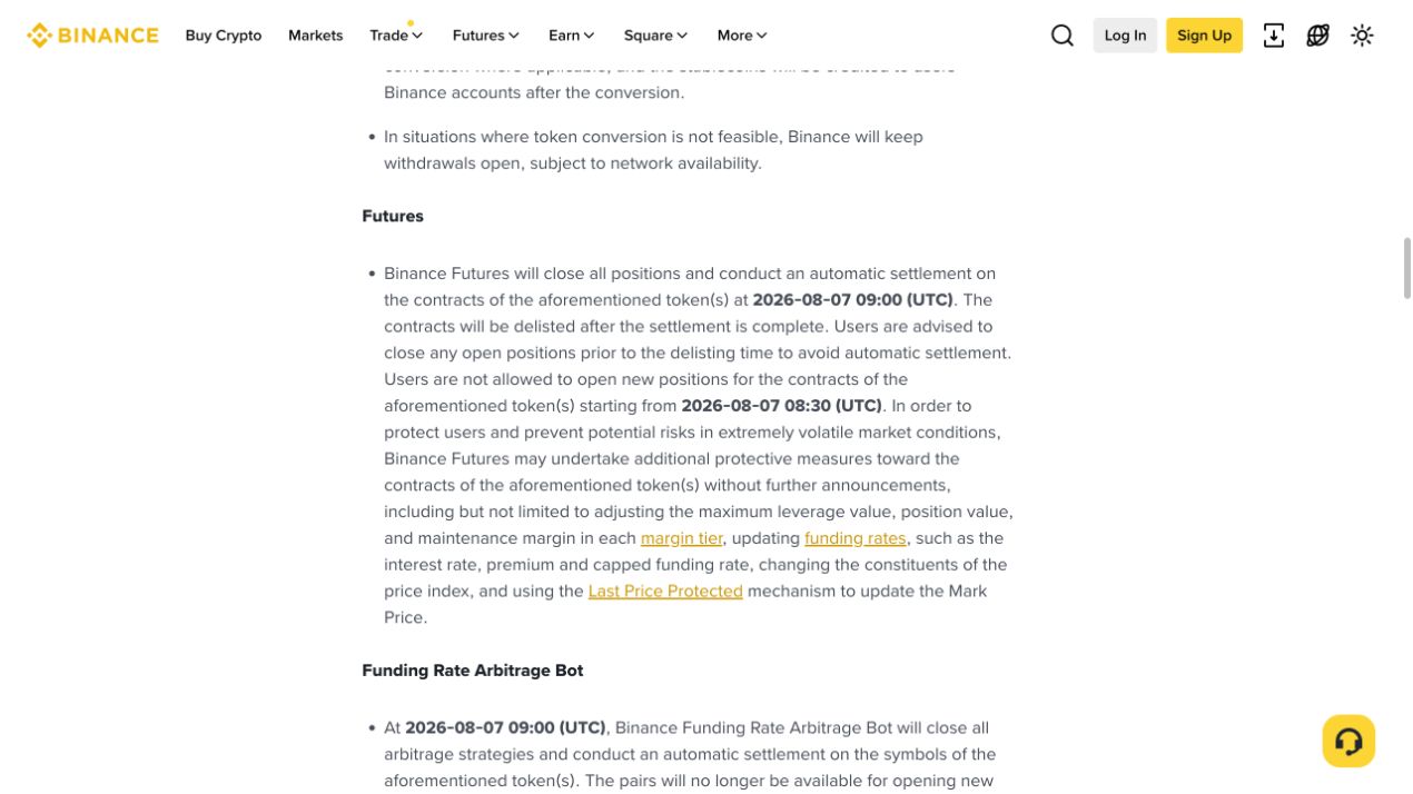 币安官方下架公告中的 Futures 自动结算和开仓限制时间