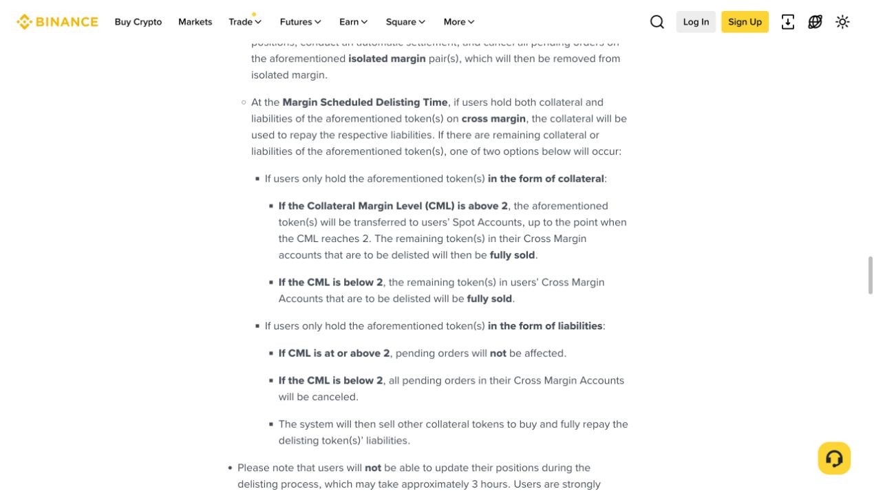 币安官方下架公告中的 Margin 借贷和抵押资产说明