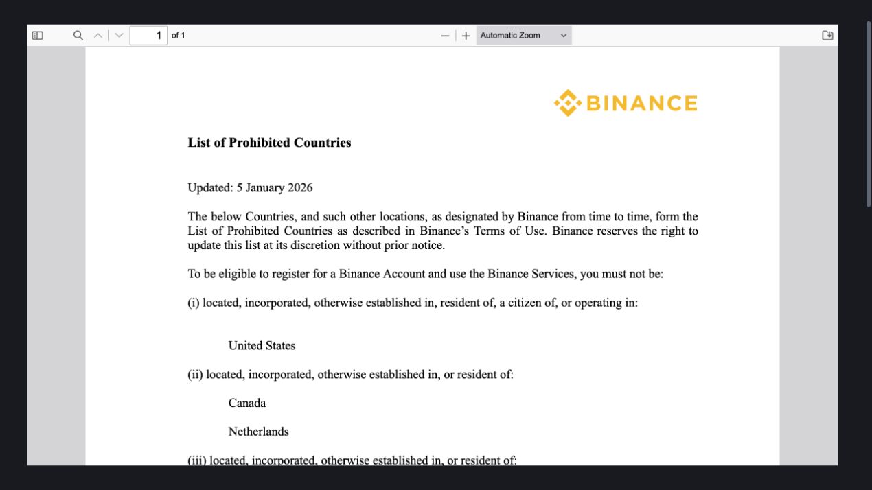 Binance 禁止国家和地区名单页面