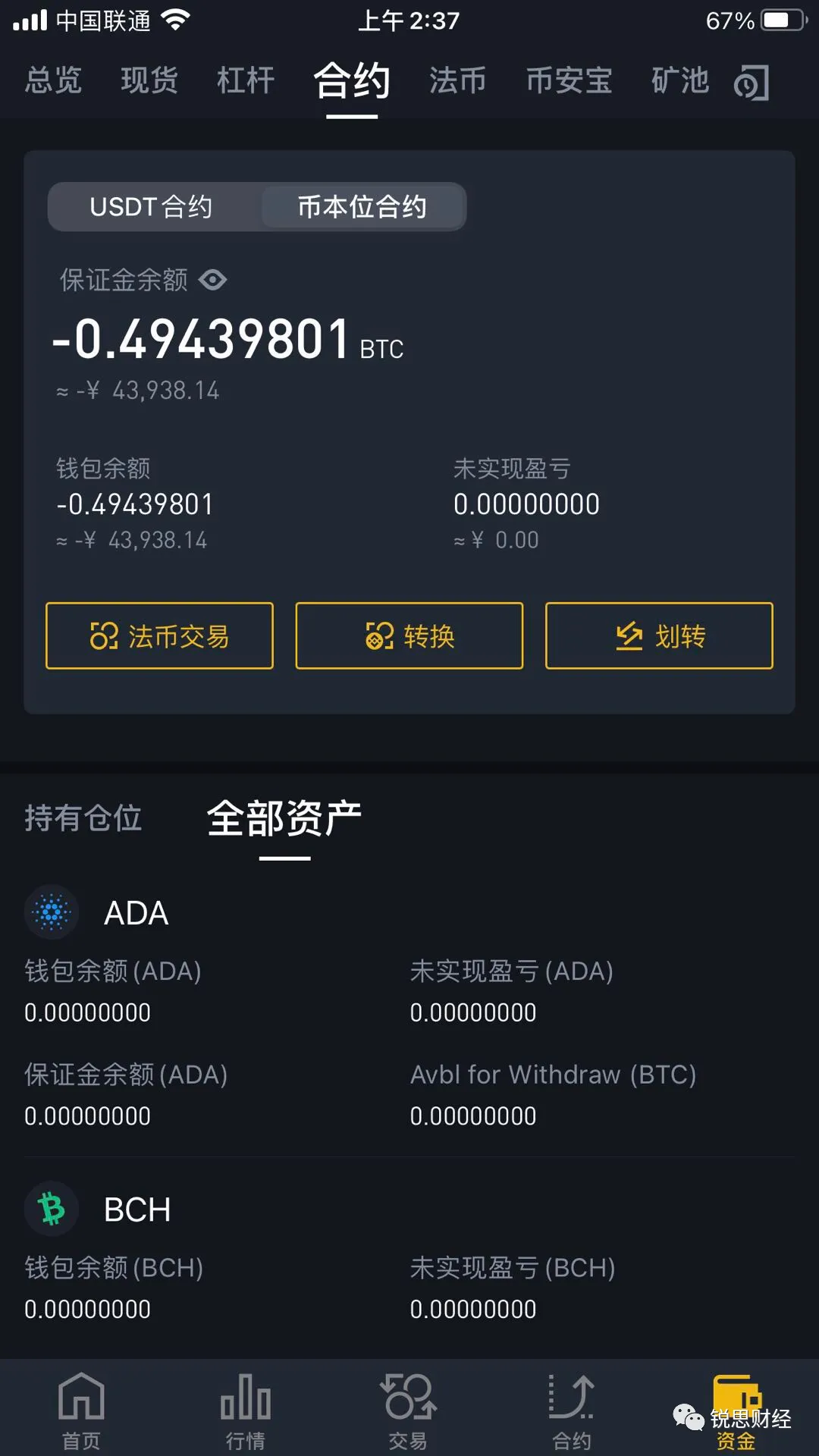 币安App合约账户页面显示USDT合约、币本位合约和保证金余额