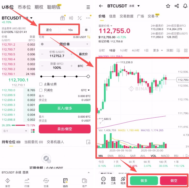 币安中文 App U 本位合约页面显示全仓逐仓和杠杆倍数设置