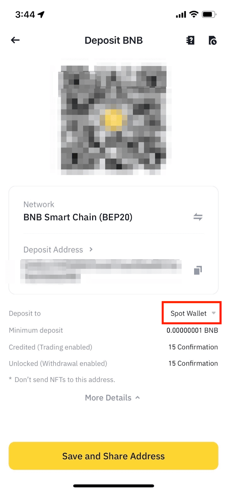 币安充值 More Details 页面中选择 Spot Wallet 或 Funding Wallet 的入账钱包