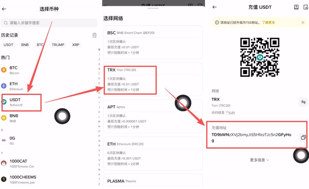 币安 USDT 充值网络选择页面