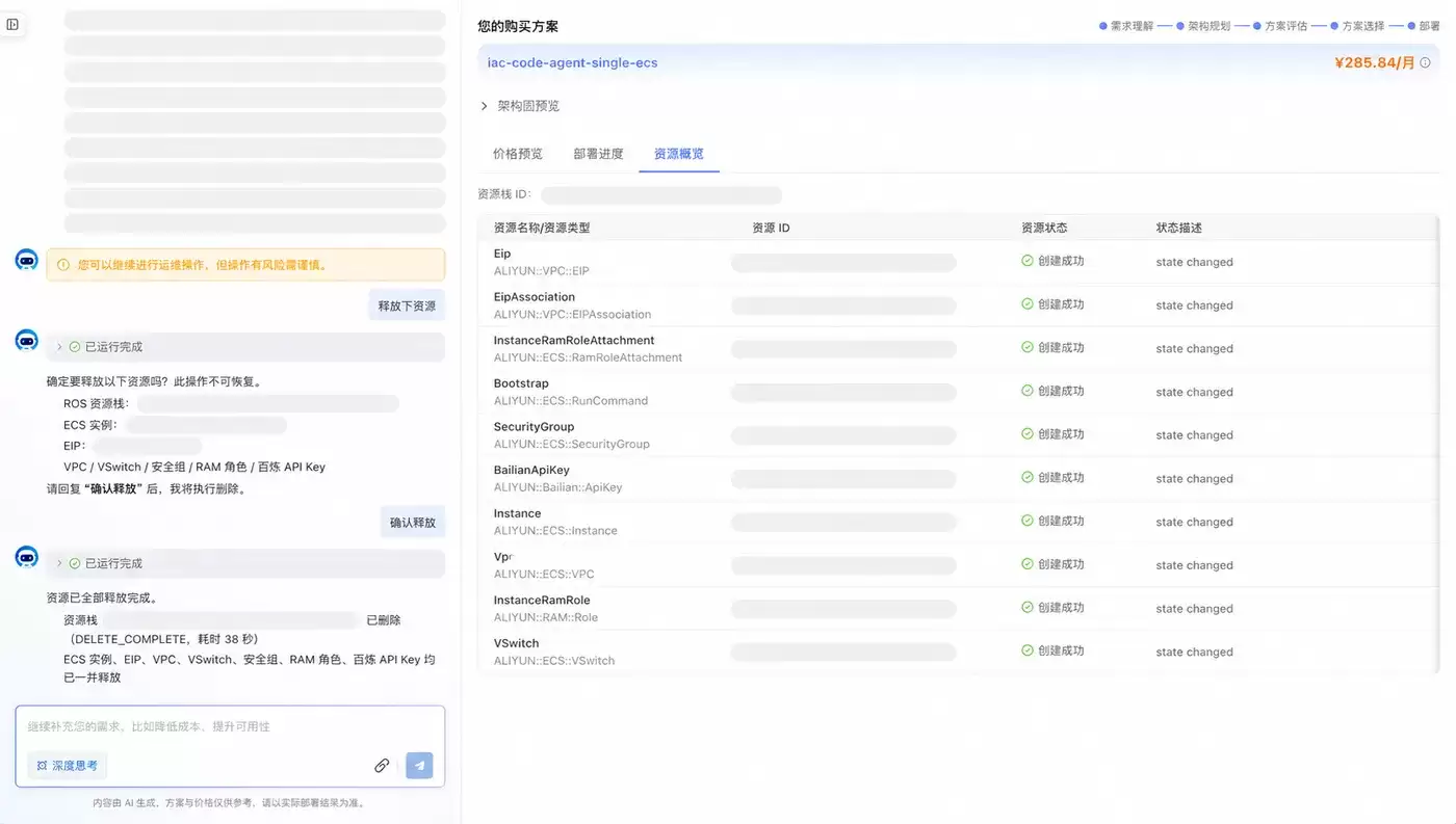 在 AI 售卖页发起资源释放、二次确认并完成回收,资源标识已脱敏