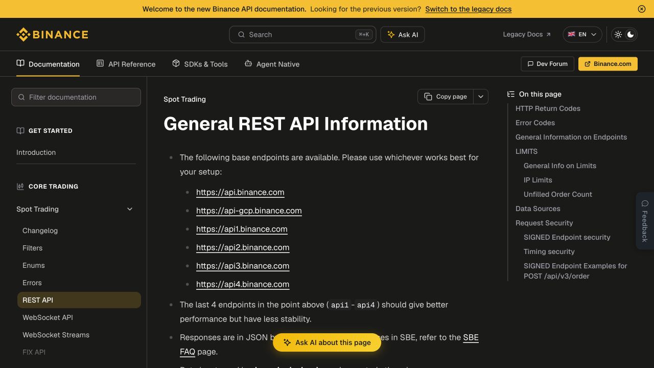 币安开发者文档中的Spot REST API通用信息页面