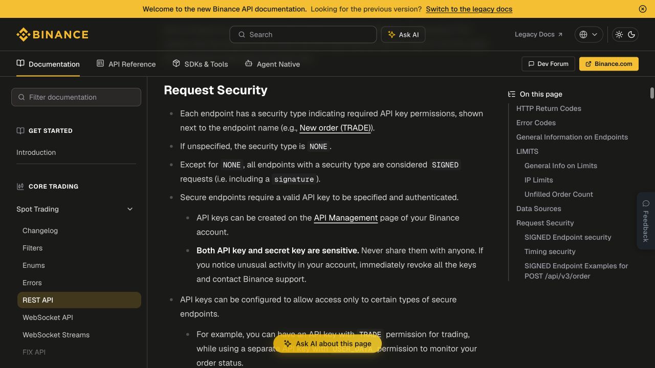 币安开发者文档中的Request Security页面，说明API权限和签名要求