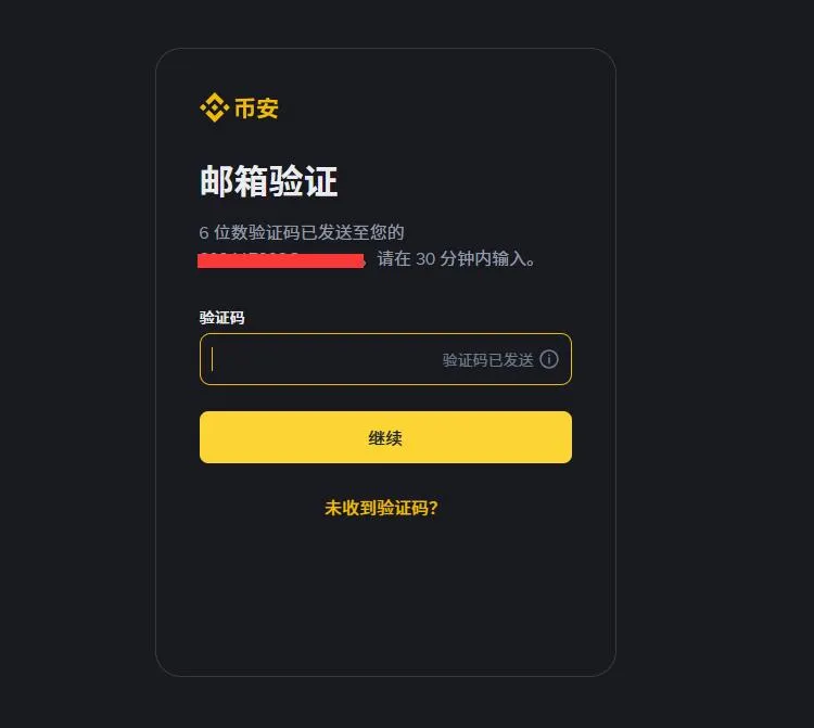 币安邮箱验证码页面截图,展示登录时输入6位数验证码的界面