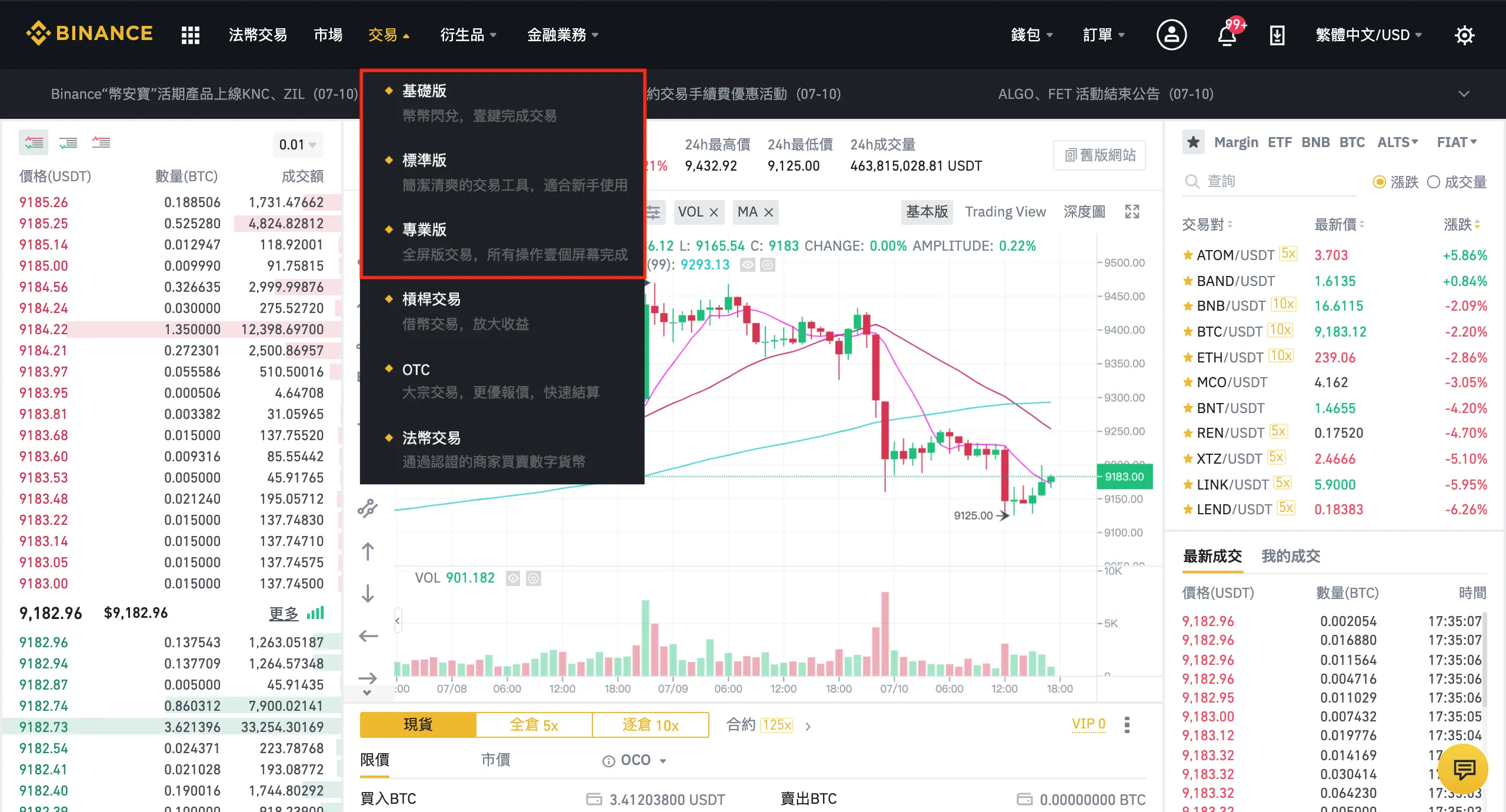 币安现货交易页面真实截图