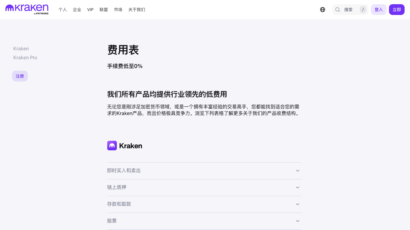Kraken 官方费用表页面真实截图
