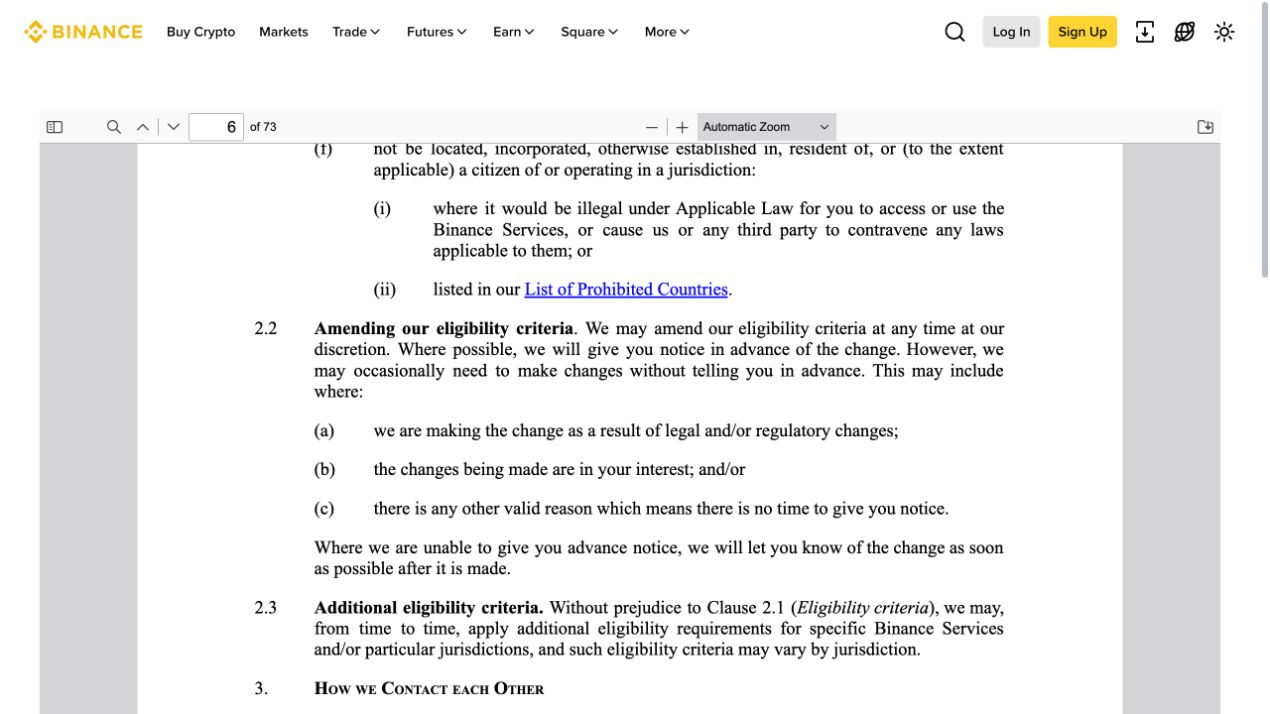 Binance Terms 页面中的资格条件内容，说明服务资格可能受适用法律和地区限制影响