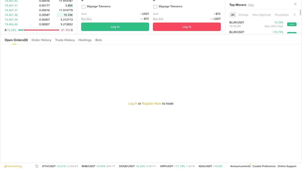 币安官方现货页面买卖委托区截图,显示Spot、Limit、Market、价格、数量、总额和滑点容忍度字段