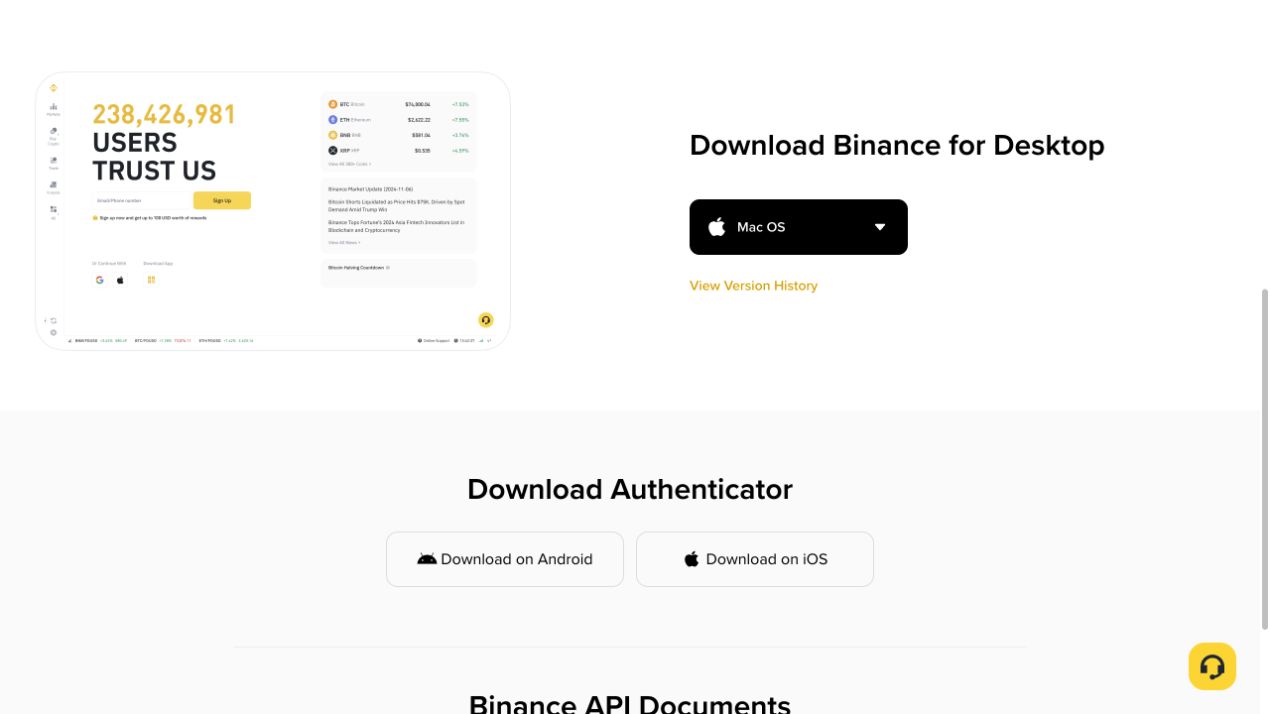 币安官方页面的Download Binance for Desktop区域,显示Mac OS系统选择和版本历史入口
