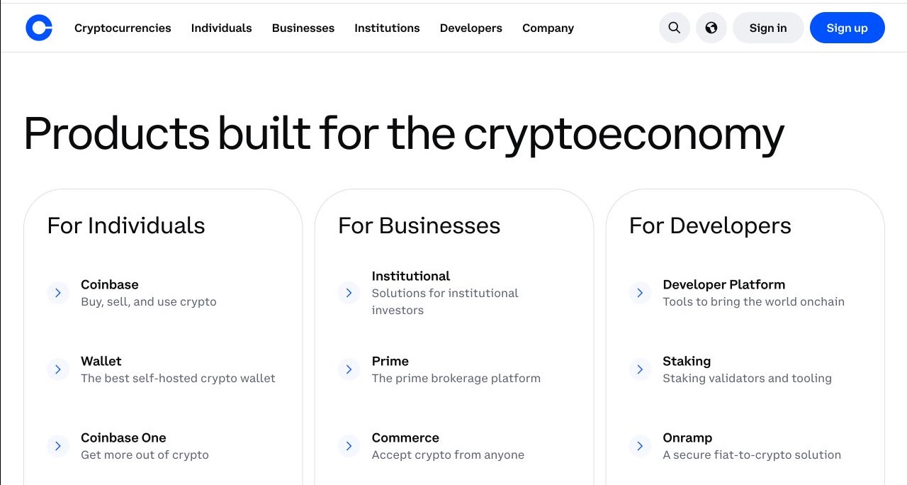 Coinbase产品页面截图,展示产品导航和账户服务入口