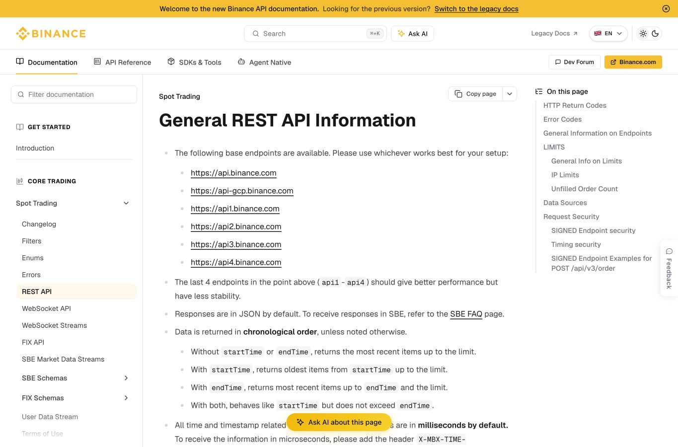 Binance Spot REST API 官方文档页面，展示产品导航、REST API 章节和基础接口信息