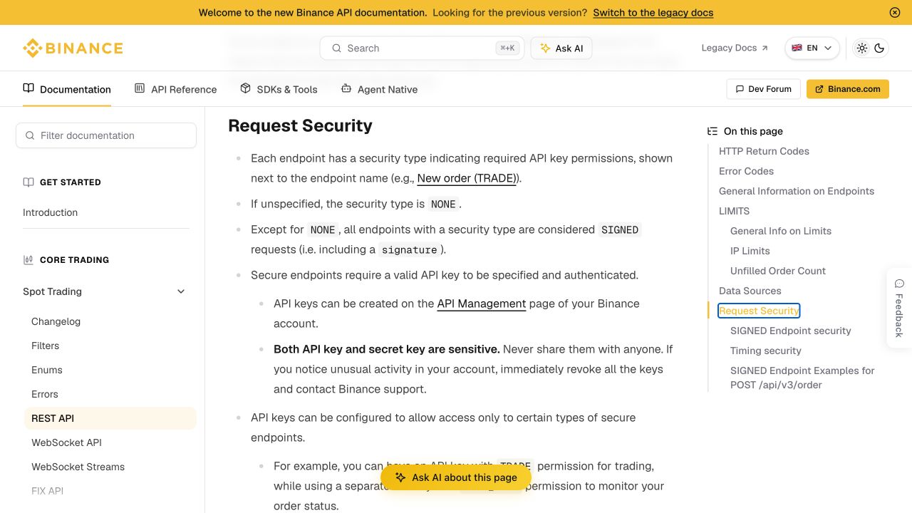 Binance REST API 官方文档的 Request Security 页面，展示 NONE、TRADE 和 USER_DATA 权限说明