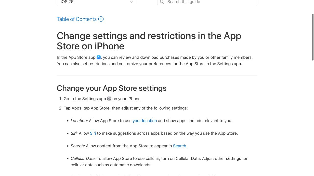 Apple官方iPhone指南截图，显示设置中的App Store选项和蜂窝数据设置
