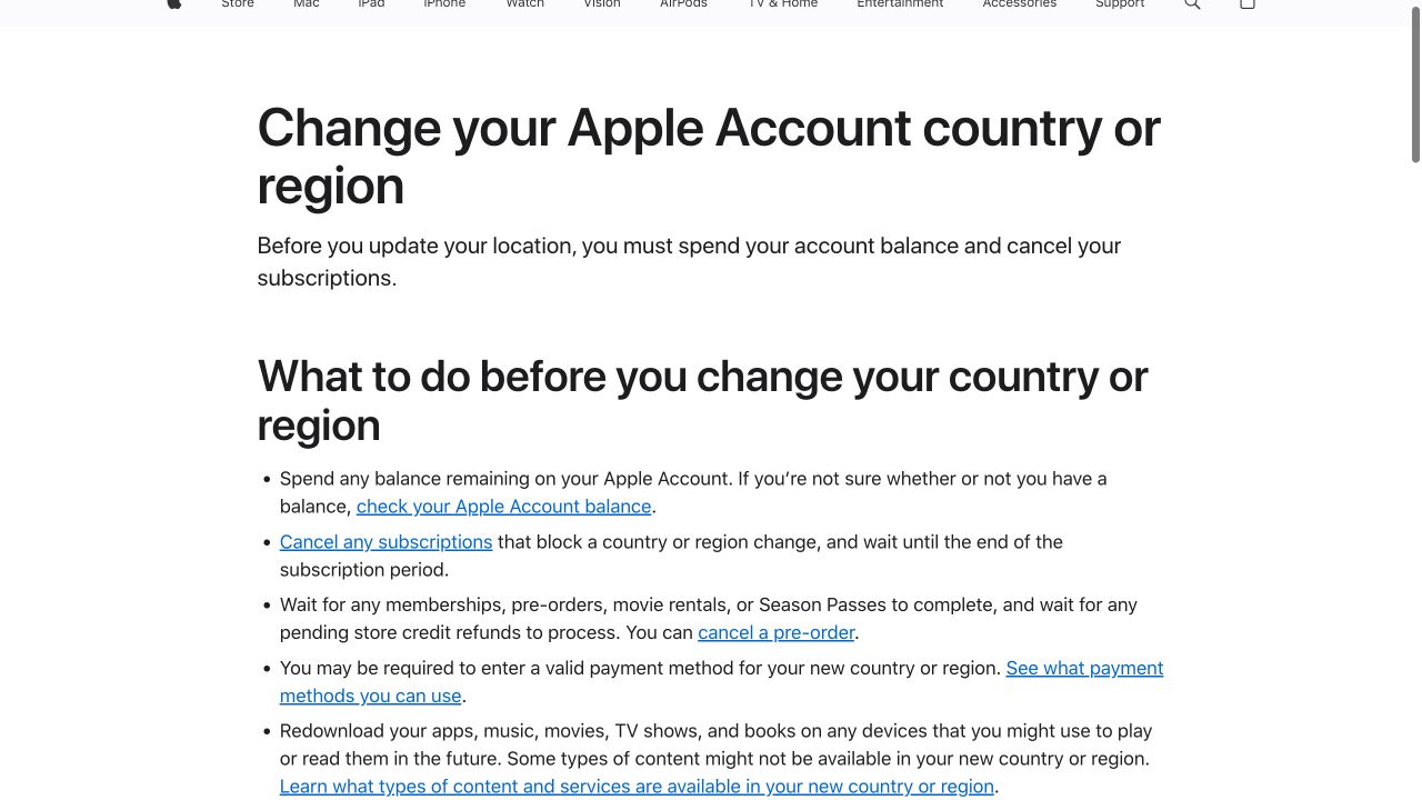 Apple官方支持页面截图，说明更改Apple账户国家或地区前的余额、订阅和付款条件