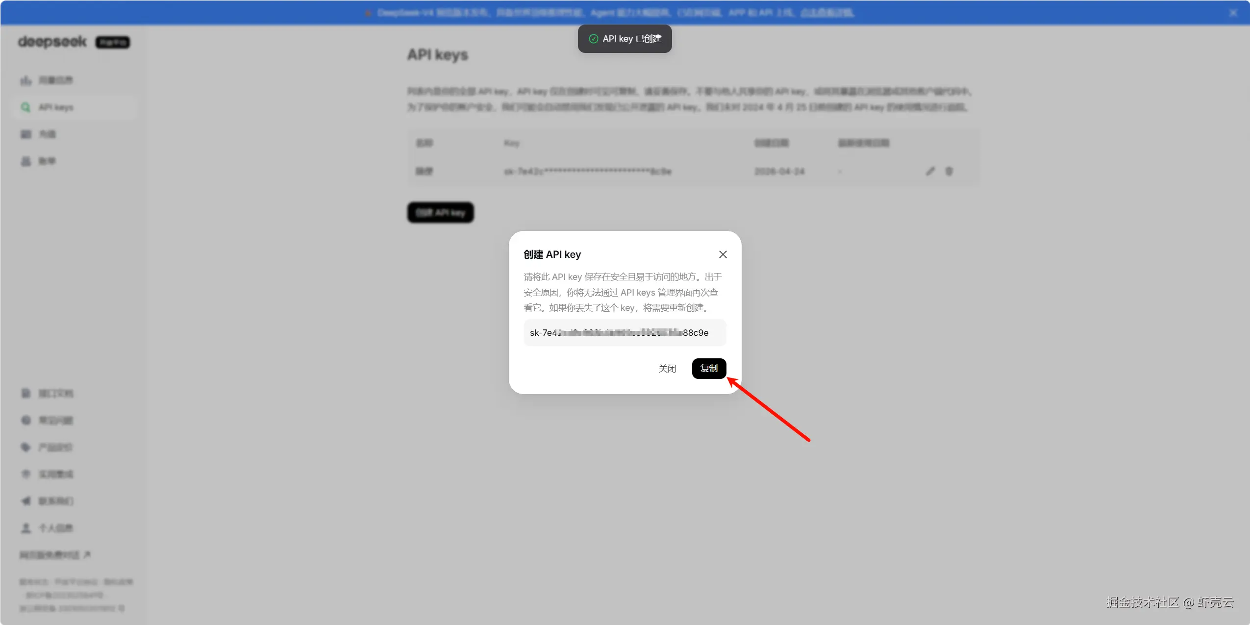 步骤 6：复制新生成的 API key