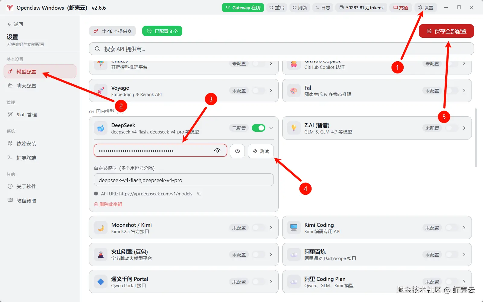 步骤 7：在 OpenClaw 中填写 DeepSeek API key 并测试