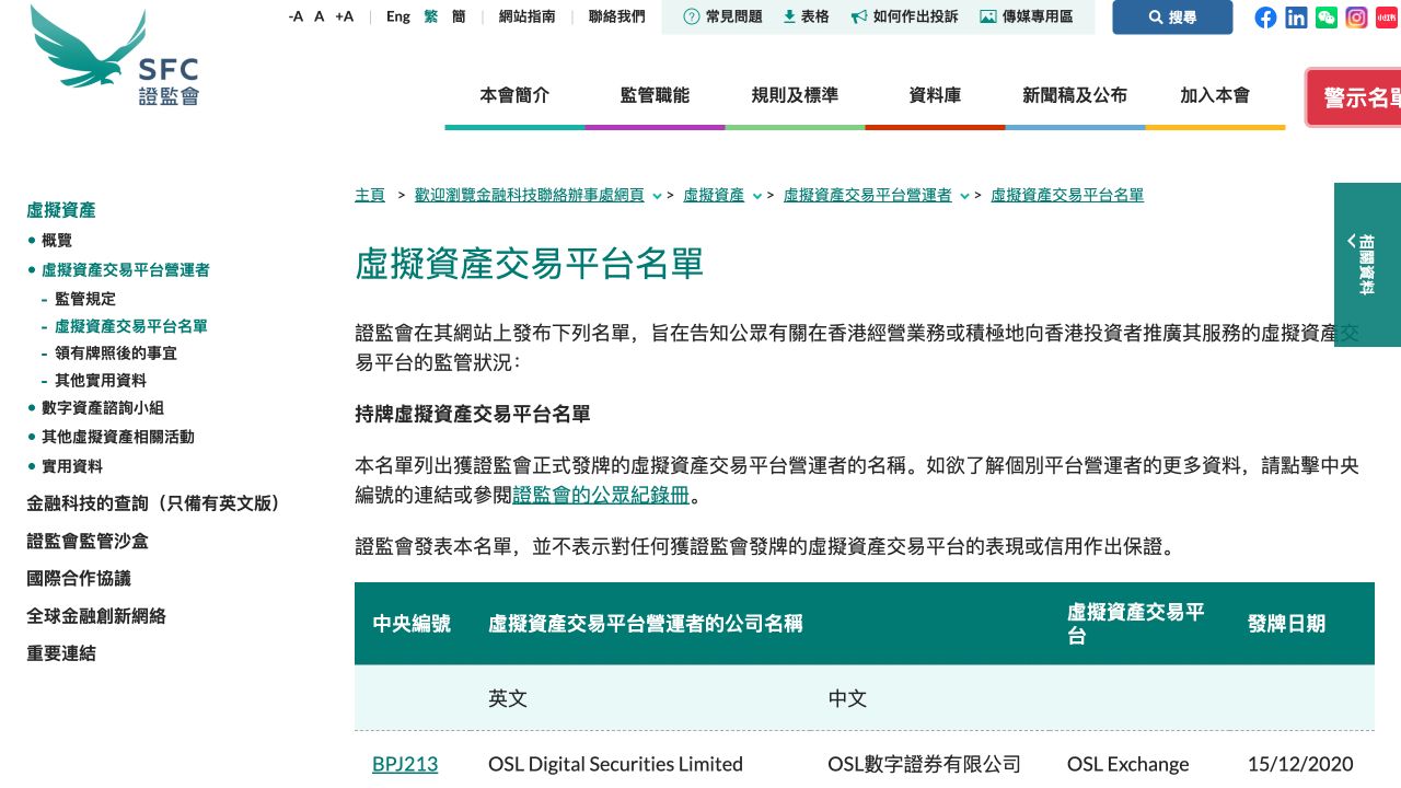 香港证监会虚拟资产交易平台名单页面展示监管查询入口