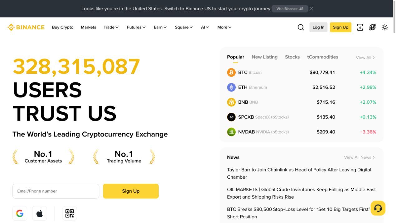 Binance 官网首页，显示官方导航、登录和注册入口