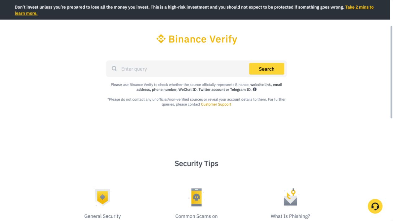 Binance Verify 官方验证页面，显示网址验证和查询框